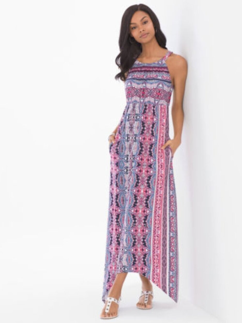 Size M Soma Flowy, Trapeze-style Printed Halter Neckline Maxi Dress
